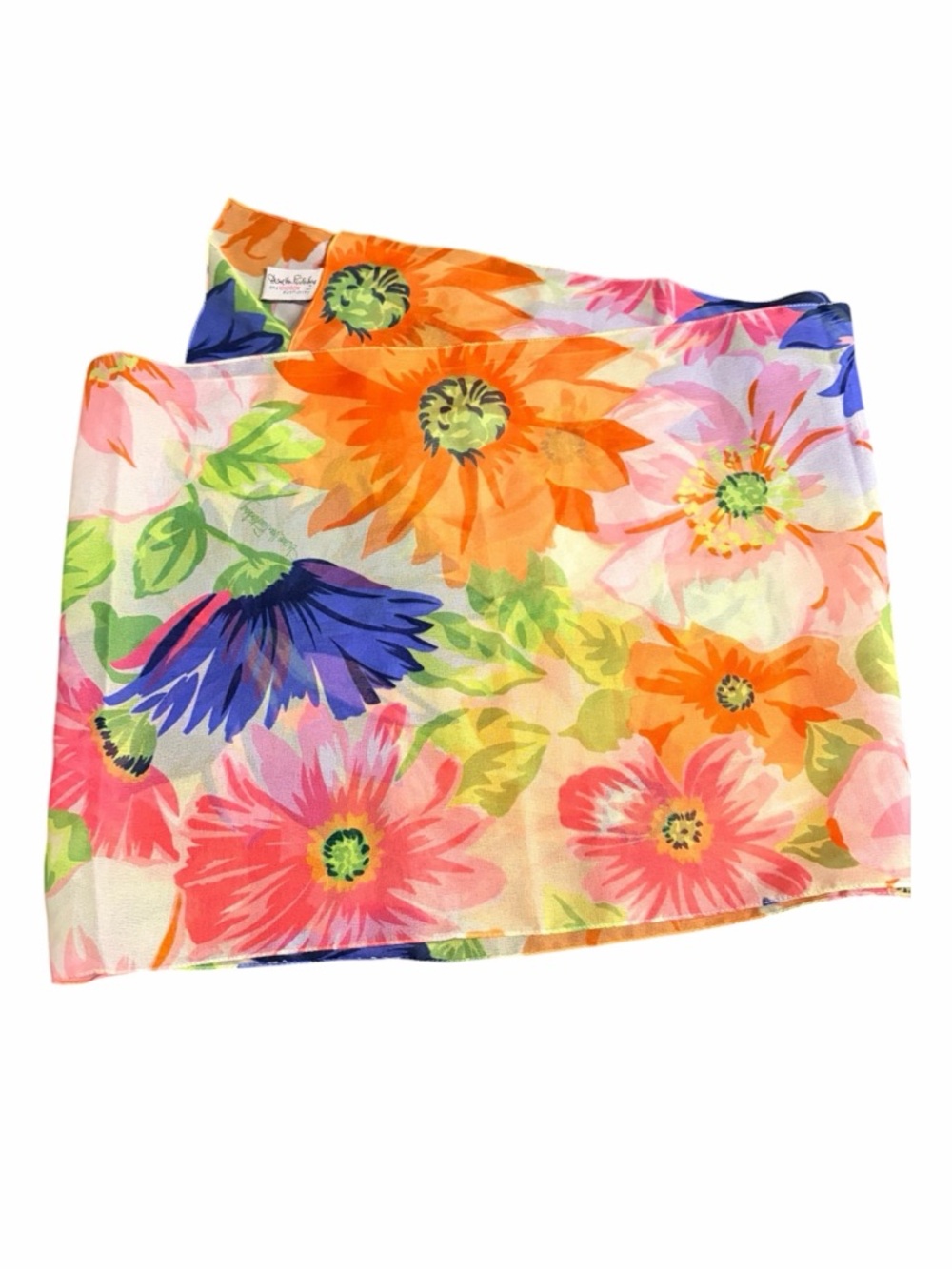 Vintage Diane Von Furstenberg Floral Scarf w/ Orange, Pink & Blue Flowers